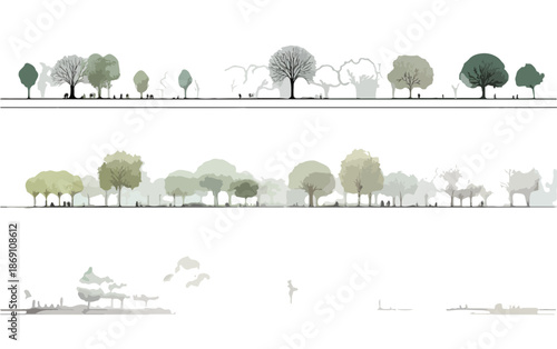 Minimalistyczna ilustracja przedstawiająca stylizowane drzewa i zarośla w przezroczystej, graficznej formie, idealna jako element dekoracyjny lub tło.