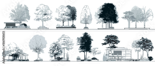 Zestaw przezroczystych drzew i elementów architektonicznych w stylu wektorowym, idealny dla projektów krajobrazowych i urbanistycznych.