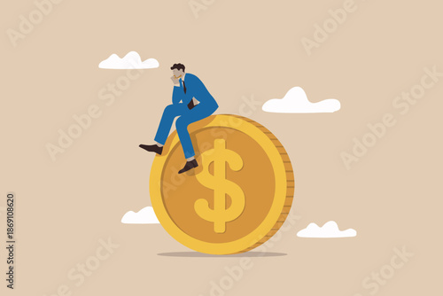 Man in suit contemplating sitting on a large gold coin