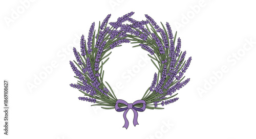 A beautifully hand-drawn wreath made of fragrant lavender flowers and stems, tied together with a delicate purple ribbon bow at the bottom.