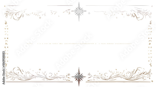섬세한 꽃무늬 스크롤과 빛나는 별 장식이 어우러진 우아한 흰색 배경의 고급스러운 장식 프레임으로, 결혼식 초대장, 증명서 또는 특별한 행사를 위한 완벽한 템플릿 디자인입니다.