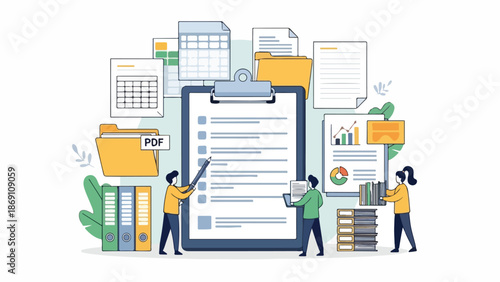 Illustration of three people interacting with a large clipboard surrounded by office supplies and documents in a colorful, flat design with a professional and organized mood.