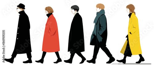 겨울 코트를 입은 다섯 명의 현대적인 사람들이 나란히 걷는 모습을 묘사한 미니멀리스트 스타일의 벡터 일러스트레이션으로, 패션과 도시 생활의 감각을 전달합니다.