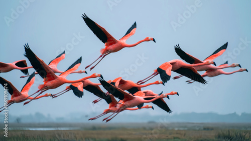 A stunning flock of vibrant pink flamingos in flight showcases their striking black wing feathers against the muted sky backdrop.