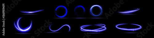 Neon swirl. Curve blue line light effect. Abstract ring background with glowing swirling background. Energy flow tunnel. Blue portal, platform. Magic circle vector.