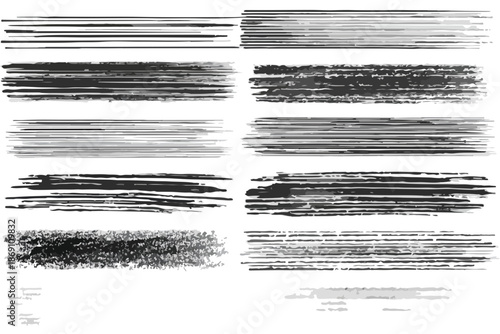 Kolekcja przezroczystych, poziomych linii, pociągnięć pędzla i tekstur grunge w odcieniach czerni i szarości, idealna do nowoczesnych projektów graficznych.