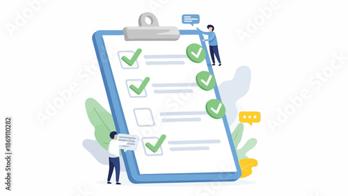 Illustration of two people interacting with a large clipboard checklist on a white background with green checkmarks and colorful accents.