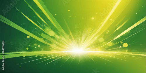 Abstract green background illustration with bright blue starburst and summer sunlight rays design
