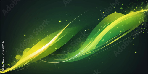 Abstract green vector background with dynamic light lines, wave pattern, and energy swirl design