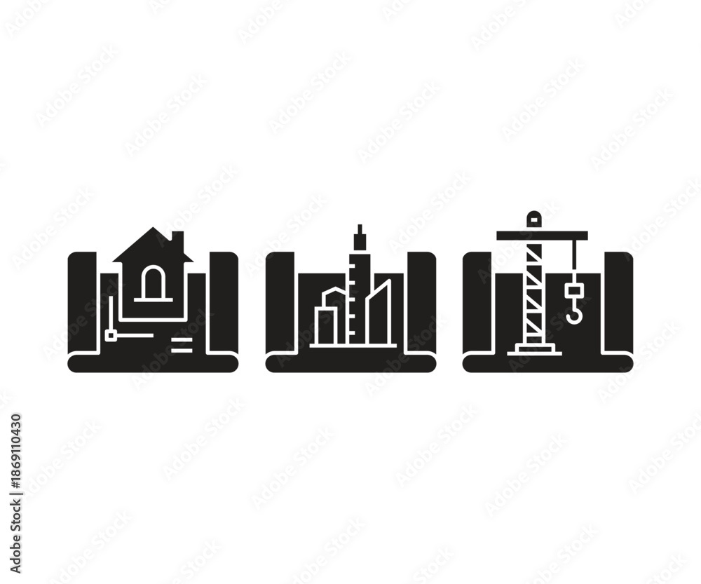 Fototapeta premium construction building in blueprint document icons set vector illustration