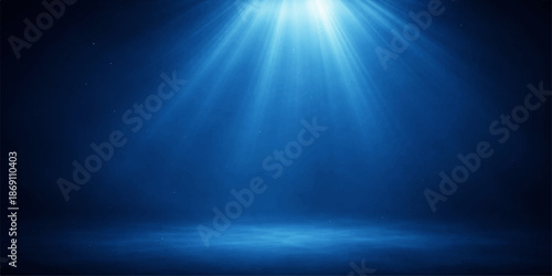 Bright blue light rays burst through the sky, creating a vibrant background design with a sun flare effect