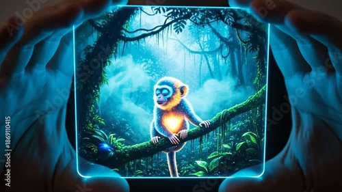Wallpaper Mural Enchanted Forest Monkey on Glowing Tablet - A Digital Jungle Adventure. Torontodigital.ca