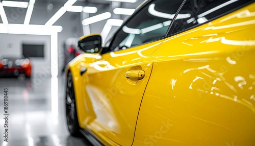 Close Up of Shiny Yellow Car with Black Rims Inside a Brightly Lit Garage with Blurred Background