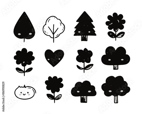 Zestaw uroczych, ręcznie rysowanych ikon natury, obejmujący drzewa, kwiaty i serce, idealny do projektów dziecięcych i ekologicznych.