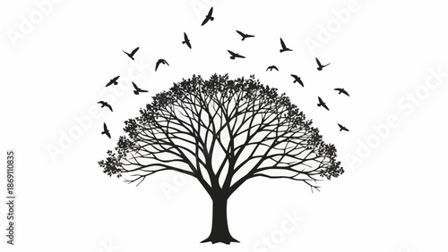 Silhouette of a large tree with birds flying around it.