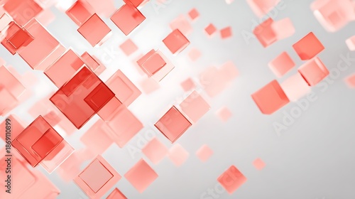 Abstract arrangement of translucent coral colored cubes floating in a bright and airy space