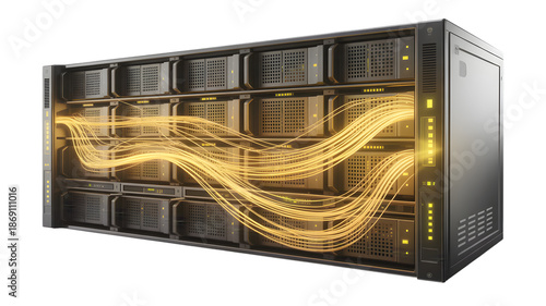 Server Rack with Glowing Data Streams, Data Center Technology, Digital Information Flow, Cyber Security Concept, Network Connectivity