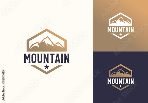 Mountain Range Landscape Ridge Top Hill Peak Summit Hexagon Badge Vector Logo Design Illustration