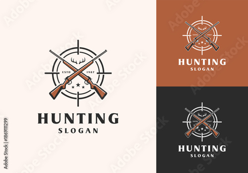 Rifle Crossed Animal Hunting Deer Antler Aim Target Retro Vintage Vector Logo Design Illustration