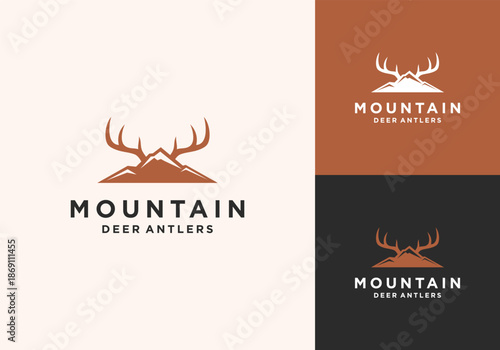 Mountain Range Hill Landscape Horn Deer Antler Buck Stag Hunt Vector Logo Design Illustration