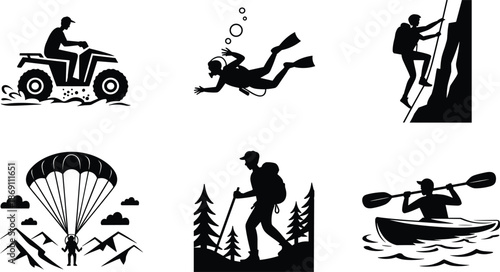 Cartoon adventure silhouette icon set with ATV, scuba diver, climber, parachute, hiker, and kayaker for outdoor themes.