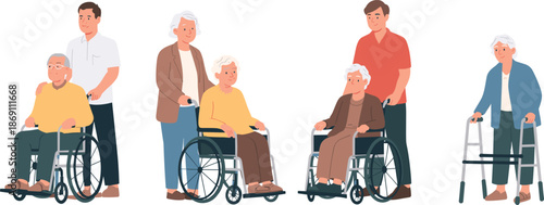 Cartoon caregiving illustration set with elderly individuals in wheelchairs and walkers assisted by younger adults for support themes.