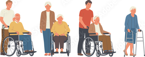 Cartoon elder care illustration set with seniors in wheelchairs and walkers assisted by younger adults for support themes.