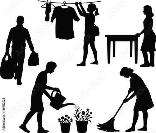 Set of household chore silhouettes including shopping, cleaning, gardening, and laundry, ideal for domestic life and lifestyle design themes.