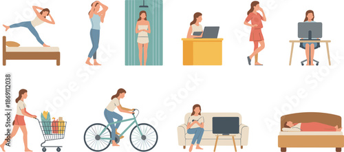 Set of woman lifestyle illustrations showing daily routines like work, hygiene, shopping, and rest, ideal for behavioral design themes.