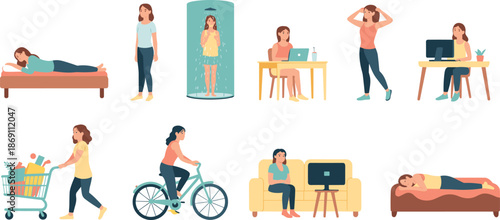 Set of woman lifestyle illustrations showing daily activities like work, shopping, exercise, and rest, ideal for routine design themes.