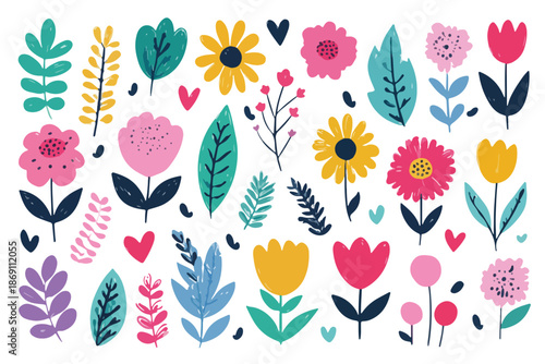 Zestaw uroczych, ręcznie rysowanych kwiatów, liści i serc w żywych kolorach, idealny do wiosennych i letnich projektów graficznych.