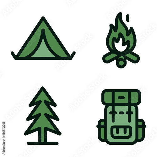 Camping essentials and outdoor adventure symbols Vector