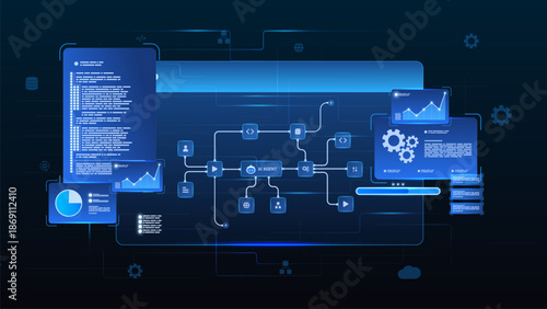 AI workflow automation artificial intelligence. ai agent network diagram dashboard system processing flow with automation pipelines, analytics dashboards, code modules and automation system.