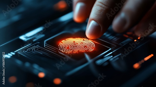 Digital fingerprint authentication process technology lab high-tech graphic dark environment close-up view security concept