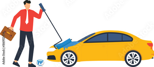 Businessman painting car, business transformation, vehicle customization, rebranding concept, creative project, asset upgrade, new direction idea