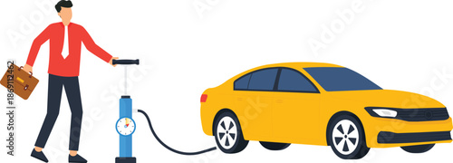 Businessman inflating car tire manual pump flat tire vehicle maintenance roadside assistance car trouble yellow sedan pressure gauge business travel self service