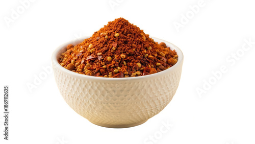 Pile of crushed red chili flakes and powder in a bowl isolated on transparent background