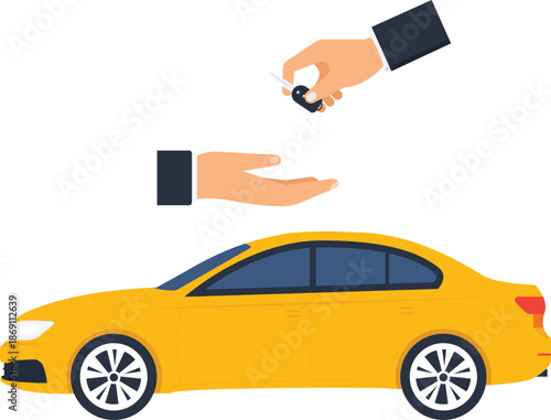 Car key exchange for new vehicle purchase. Auto dealership sale transaction. Hand giving keys for car rental service. Buying new car.