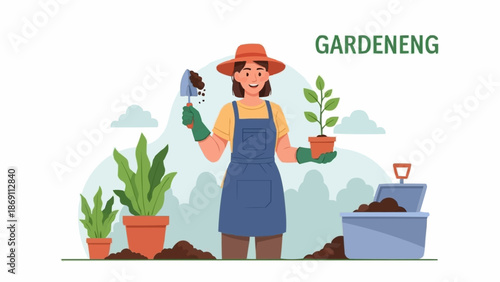Woman gardener holding potted plant and trowel surrounded by plants.
