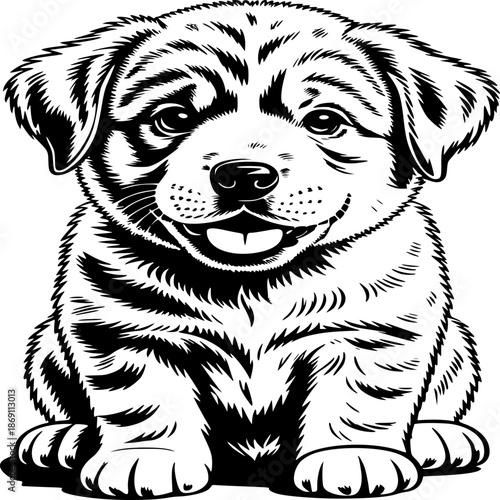 Puppy Portrait: A delightful puppy in a monochromatic art style showcases a close-up portrait, capturing the essence of innocence and playfulness, with its attentive gaze and cheerful expression.