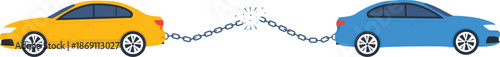 Two cars pulling opposite directions with breaking chain metaphor for conflict. Separation disagreement, partnership ending, failed merger, contract termination, tug of war.