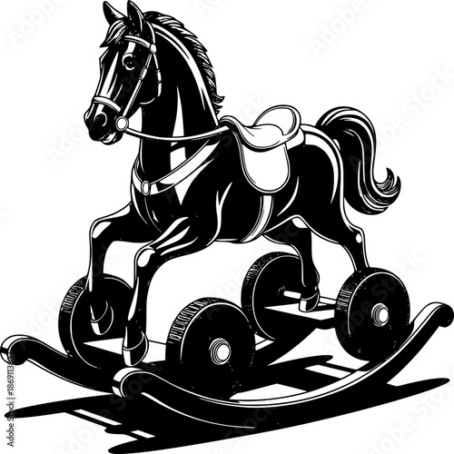 Vintage Wooden Rocking Horse: An elegant wooden rocking horse, a symbol of childhood joy and playful imagination, with smooth curves and intricate details that evoke a sense of nostalgia.