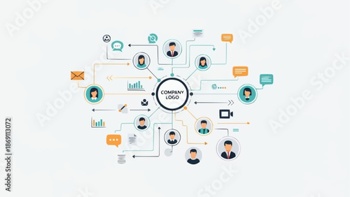Company Logo Network Connections and Communication Flow.