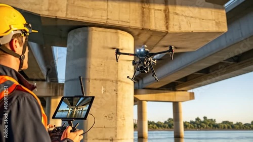 Wallpaper Mural Professional drone operator inspecting bridge infrastructure over water using advanced technology for maintenance and safety. Torontodigital.ca