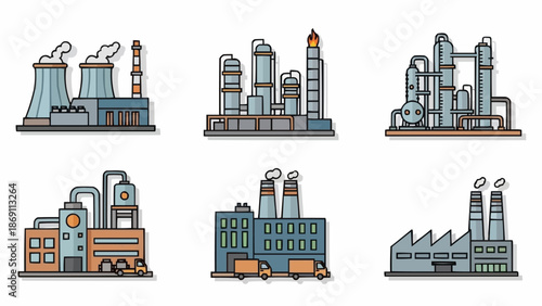 Industrial factory buildings with smokestacks and pipes.