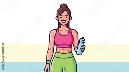 Athletic woman character holding water bottle vector illustration