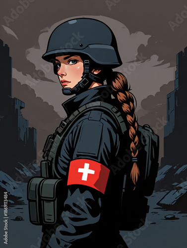 A female humanitarian aid worker in a combat helmet stands in a war-torn city