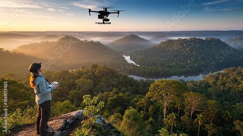 Wallpaper Mural Woman Operating Drone Over Lush Green Mountain Landscape at Sunrise. Torontodigital.ca