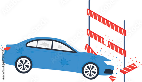 Car Accident Blue Sedan Crashing Barrier Road Collision Vehicle Damage Traffic Incident Auto Insurance Broken Glass Shattered Debris Safety Failure Driving Risk