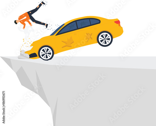 Car accident driving off cliff man falling from yellow vehicle danger concept business failure financial crisis risk management reckless driving insurance claim